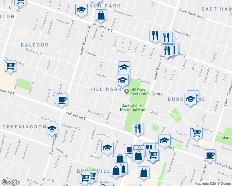 map of restaurants, bars, coffee shops, grocery stores, and more near 465 East 16th Street in Hamilton