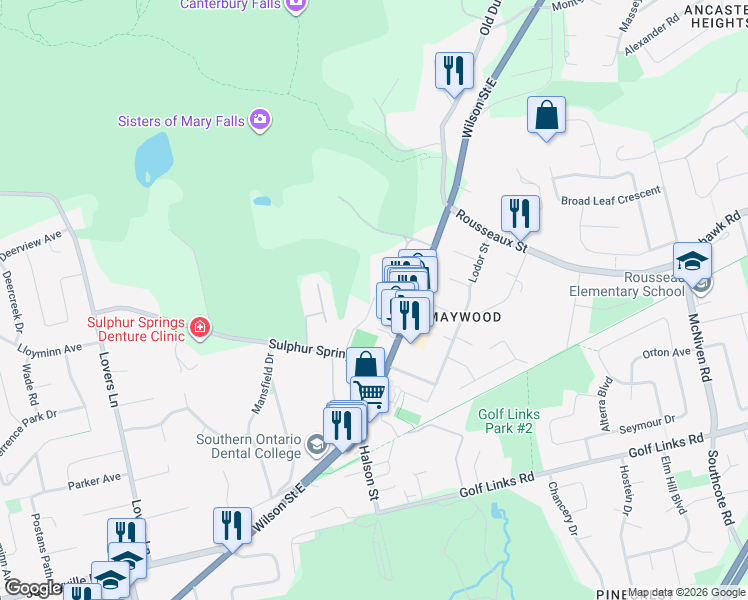 map of restaurants, bars, coffee shops, grocery stores, and more near 22 Queen St in Hamilton Division
