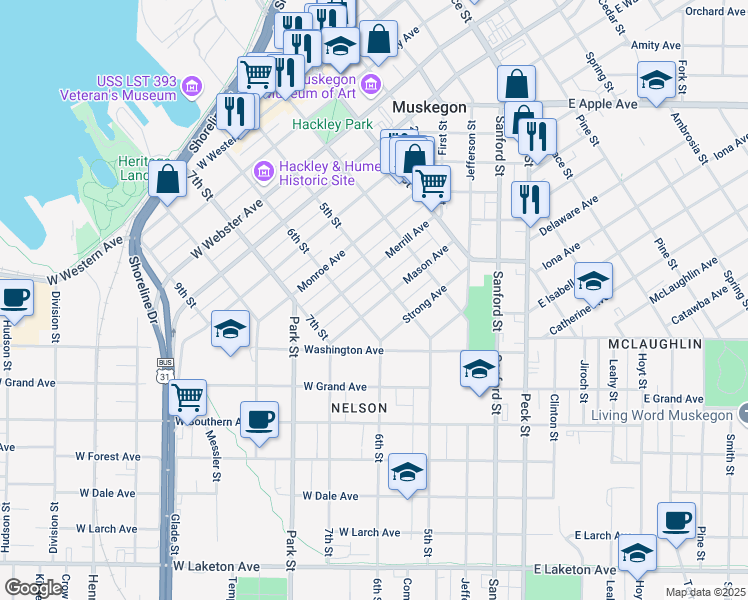 map of restaurants, bars, coffee shops, grocery stores, and more near 280 Mason Avenue in Muskegon