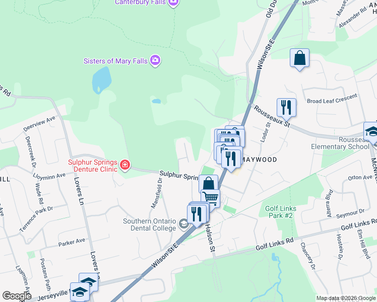 map of restaurants, bars, coffee shops, grocery stores, and more near 16-22 Queen Street in Hamilton
