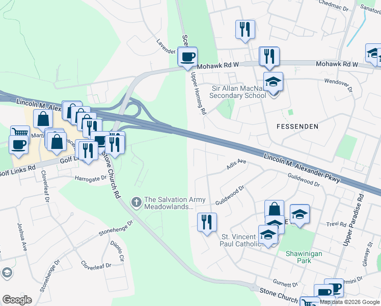 map of restaurants, bars, coffee shops, grocery stores, and more near 32 Elena Court in Hamilton