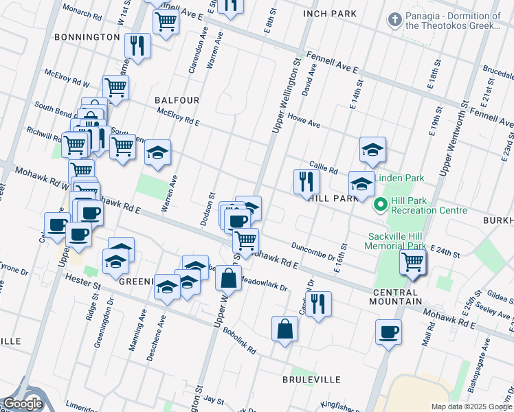 map of restaurants, bars, coffee shops, grocery stores, and more near 857 Upper Wellington Street in Hamilton