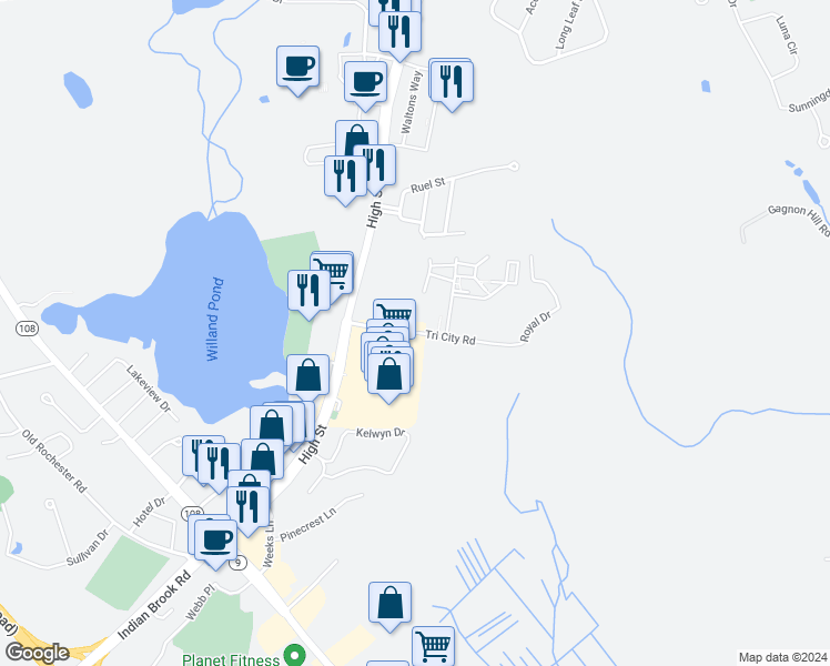 map of restaurants, bars, coffee shops, grocery stores, and more near 468 Tri City Road in Somersworth