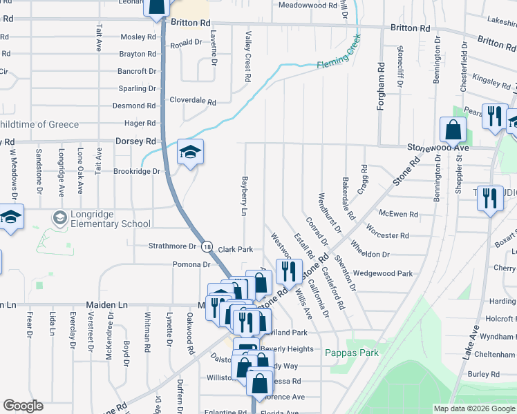 map of restaurants, bars, coffee shops, grocery stores, and more near 107 Bayberry Lane in Rochester