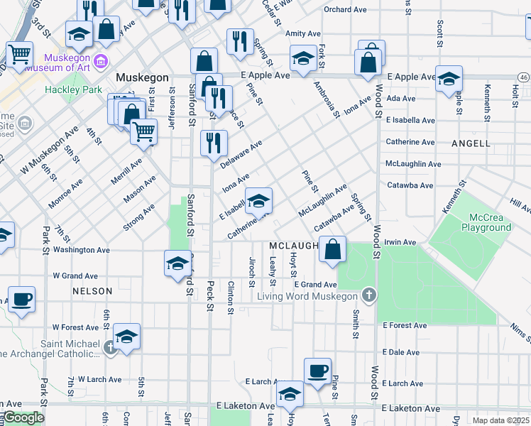 map of restaurants, bars, coffee shops, grocery stores, and more near 125 Catherine Avenue in Muskegon