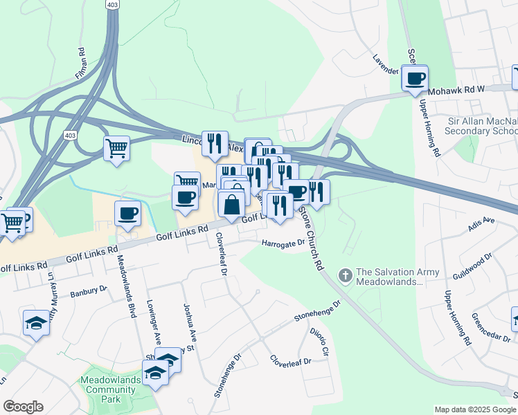 map of restaurants, bars, coffee shops, grocery stores, and more near 14 Martindale Crescent in Ancaster