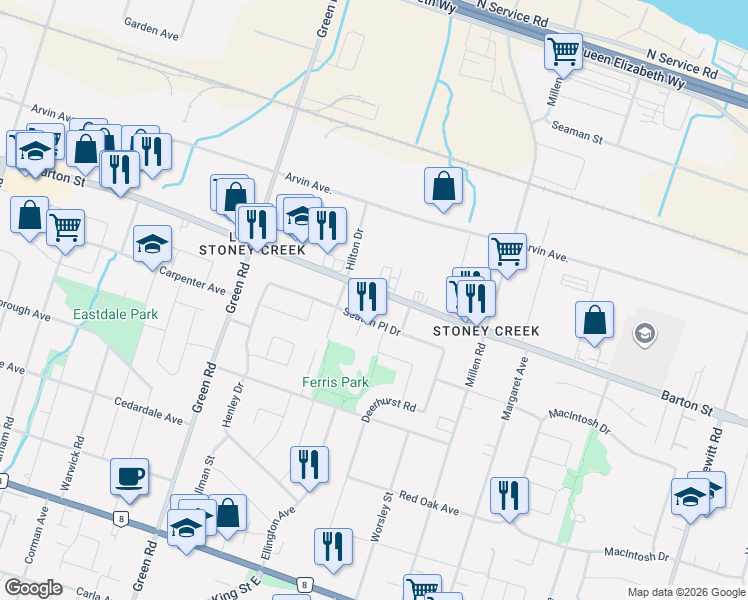 map of restaurants, bars, coffee shops, grocery stores, and more near 334 Barton Street in Hamilton