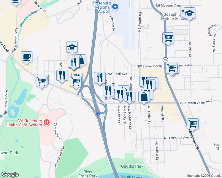 map of restaurants, bars, coffee shops, grocery stores, and more near 1538 Northwest Eden Street in Roseburg