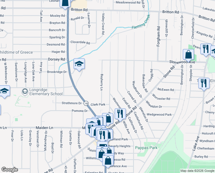 map of restaurants, bars, coffee shops, grocery stores, and more near 107 Bayberry Lane in Rochester