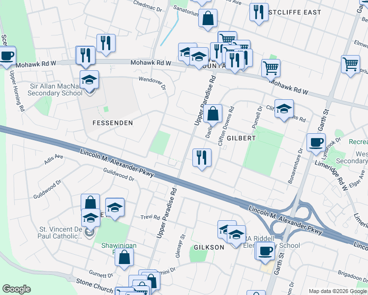 map of restaurants, bars, coffee shops, grocery stores, and more near 602 Upper Paradise Road in Hamilton