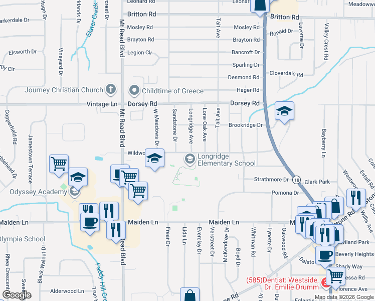 map of restaurants, bars, coffee shops, grocery stores, and more near 228 Longridge Avenue in Rochester