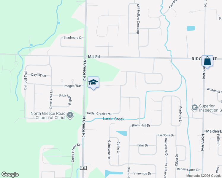 map of restaurants, bars, coffee shops, grocery stores, and more near 495 East Moreno Drive in Rochester