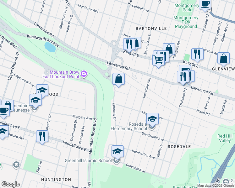map of restaurants, bars, coffee shops, grocery stores, and more near 8 Scotia Avenue in Hamilton