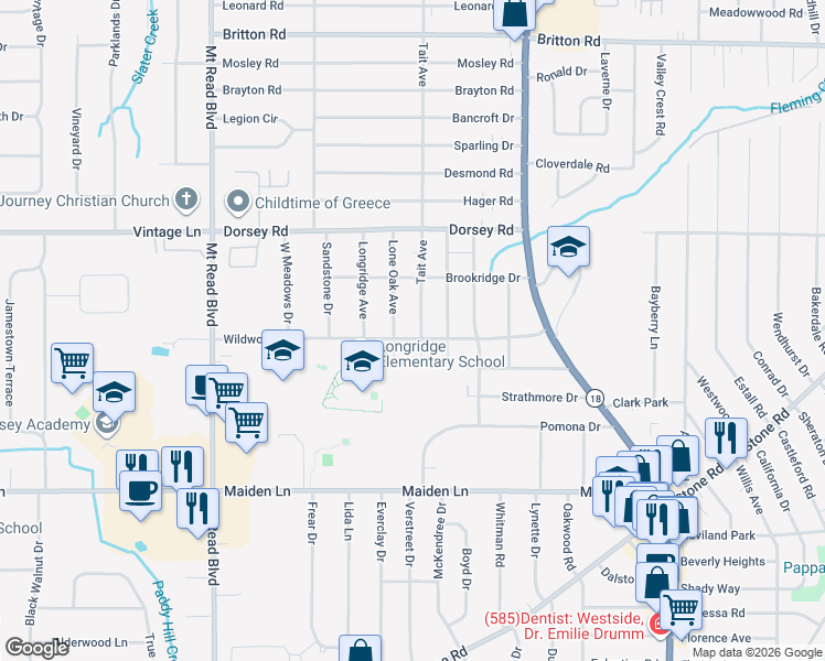 map of restaurants, bars, coffee shops, grocery stores, and more near 231 Lone Oak Avenue in Rochester