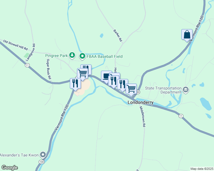 map of restaurants, bars, coffee shops, grocery stores, and more near 2116 North Main Street in Londonderry