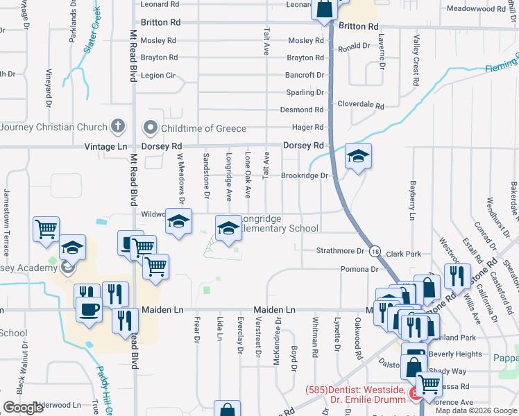 map of restaurants, bars, coffee shops, grocery stores, and more near 231 Lone Oak Avenue in Rochester