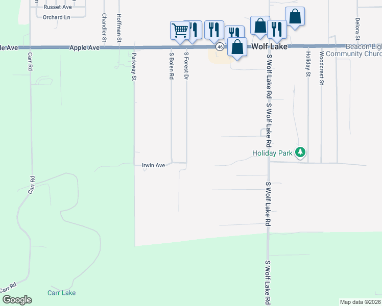 map of restaurants, bars, coffee shops, grocery stores, and more near 1346 South Forest Road in Muskegon