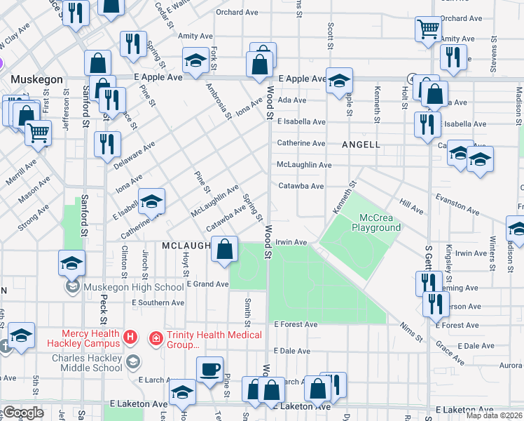 map of restaurants, bars, coffee shops, grocery stores, and more near 1320 Spring Street in Muskegon