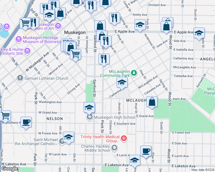 map of restaurants, bars, coffee shops, grocery stores, and more near 1314 Peck Street in Muskegon