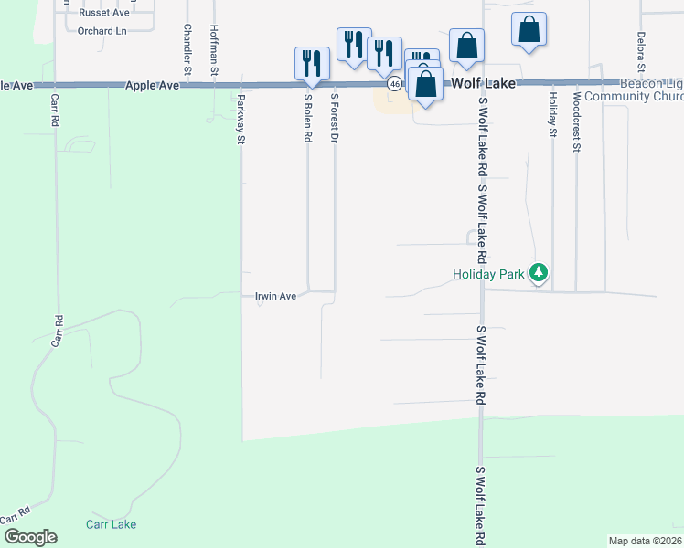 map of restaurants, bars, coffee shops, grocery stores, and more near 1346 South Forest Drive in Muskegon