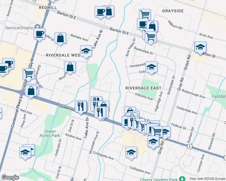 map of restaurants, bars, coffee shops, grocery stores, and more near 137 Strawberry Drive in Hamilton