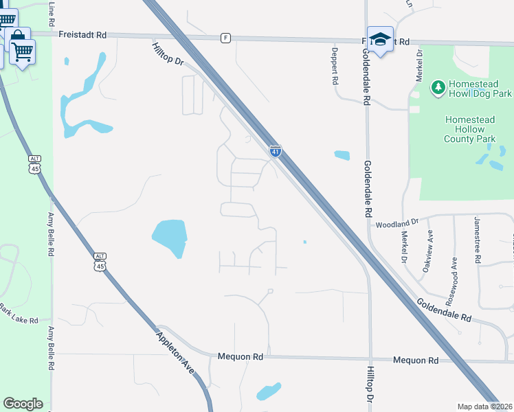 map of restaurants, bars, coffee shops, grocery stores, and more near N115W21032 Brookside Drive in Germantown