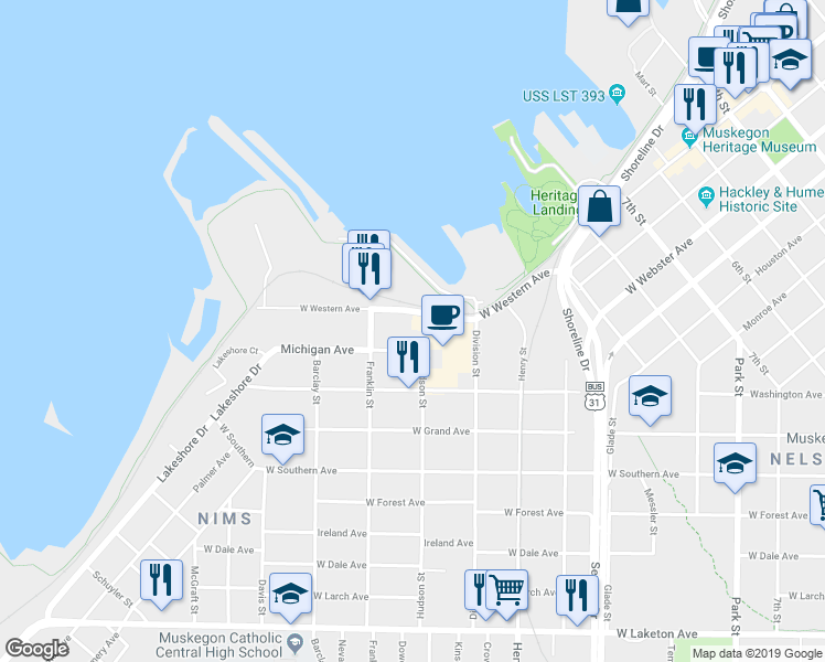 map of restaurants, bars, coffee shops, grocery stores, and more near 921 West Western Avenue in Muskegon