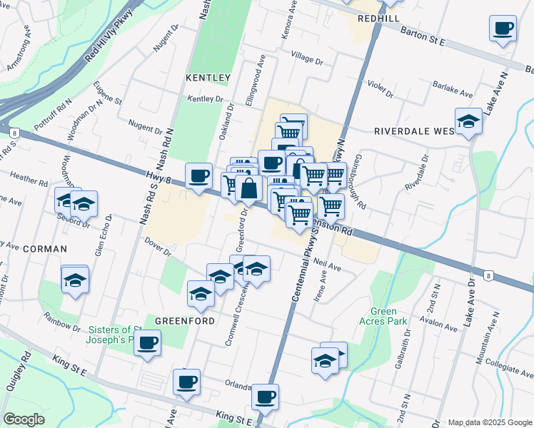 map of restaurants, bars, coffee shops, grocery stores, and more near 770 Queenston Road in Hamilton