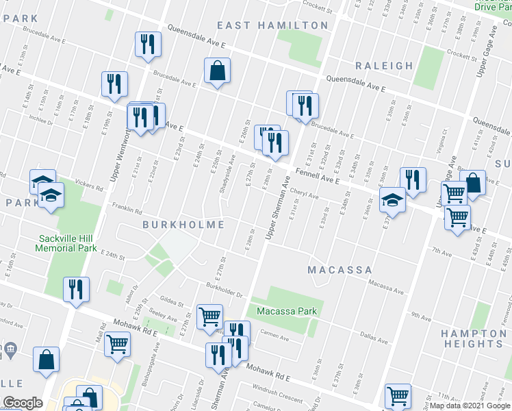 map of restaurants, bars, coffee shops, grocery stores, and more near 352 East 28th Street in Hamilton