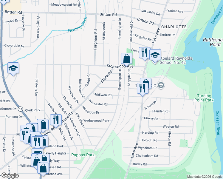 map of restaurants, bars, coffee shops, grocery stores, and more near 75 West Parkway in Rochester