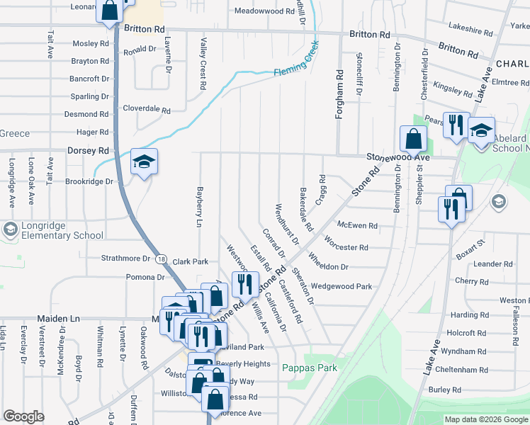 map of restaurants, bars, coffee shops, grocery stores, and more near 130 Conrad Drive in Rochester