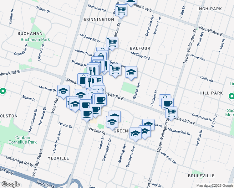 map of restaurants, bars, coffee shops, grocery stores, and more near 45 Mohawk Road East in Hamilton