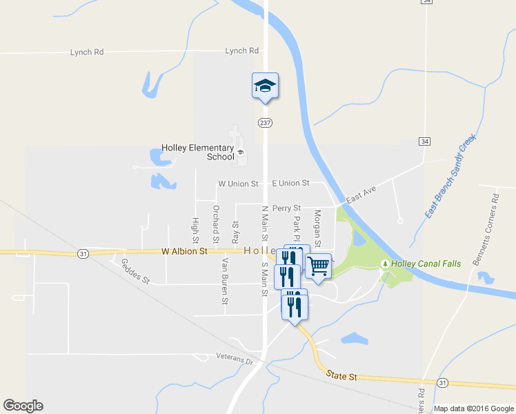 map of restaurants, bars, coffee shops, grocery stores, and more near 28 North Main Street in Holley