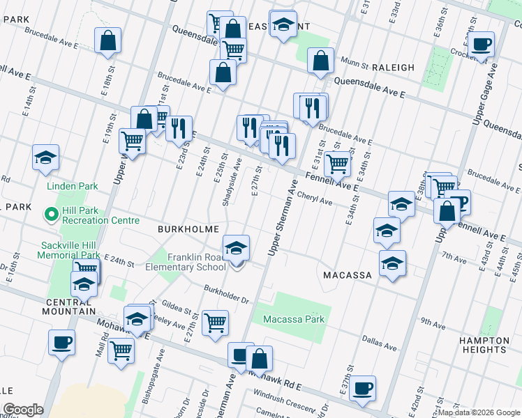 map of restaurants, bars, coffee shops, grocery stores, and more near 352 East 28th Street in Hamilton