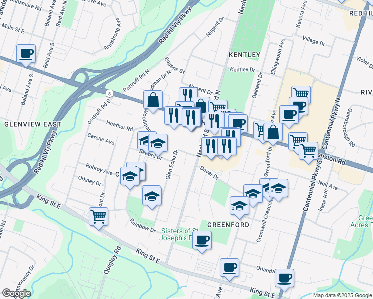 map of restaurants, bars, coffee shops, grocery stores, and more near 10 Glen Echo Drive in Hamilton