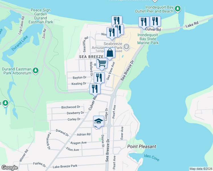 map of restaurants, bars, coffee shops, grocery stores, and more near 12 Sea View Avenue in Irondequoit