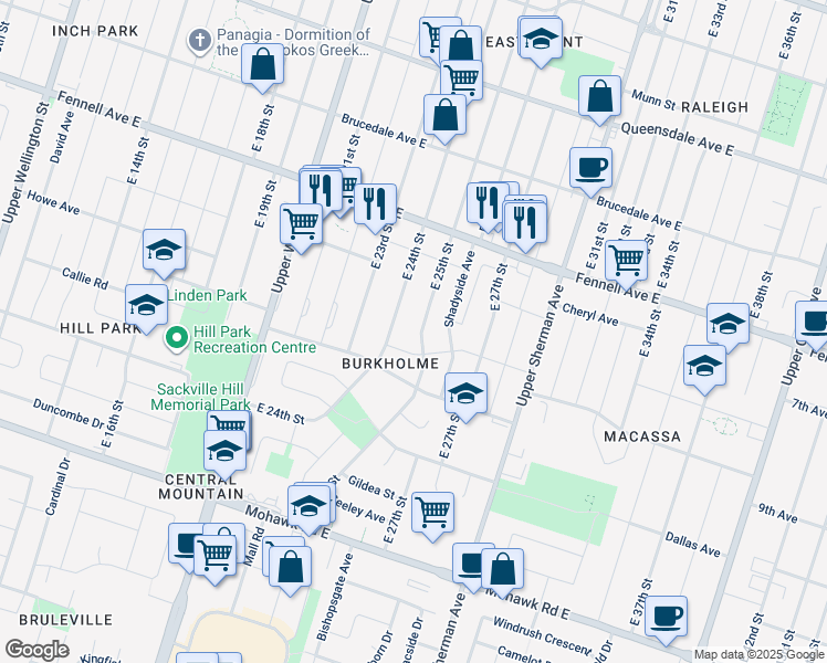 map of restaurants, bars, coffee shops, grocery stores, and more near 386 East 25th Street in Hamilton