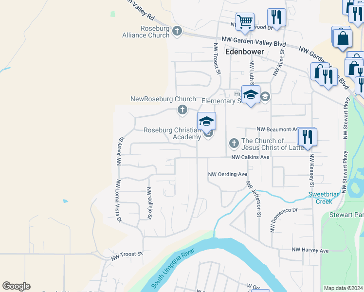 map of restaurants, bars, coffee shops, grocery stores, and more near 2115 Northwest Canterbury Drive in Roseburg