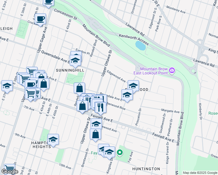 map of restaurants, bars, coffee shops, grocery stores, and more near 33 Sherwood Rise in Hamilton