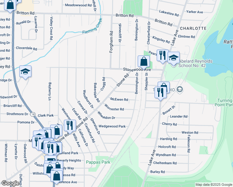 map of restaurants, bars, coffee shops, grocery stores, and more near 19 West Parkway in Rochester