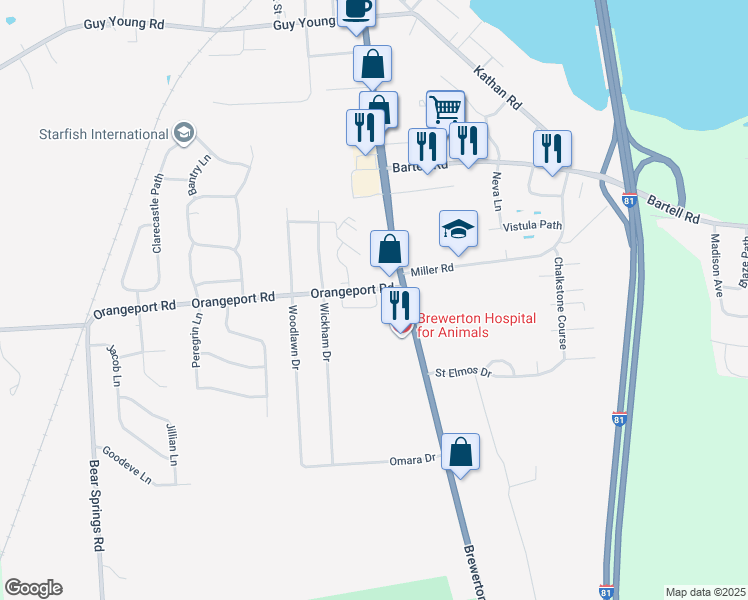 map of restaurants, bars, coffee shops, grocery stores, and more near 5472 Orangeport Rd in Brewerton