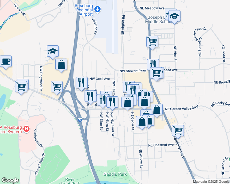 map of restaurants, bars, coffee shops, grocery stores, and more near 1533 Northwest Fairmount Avenue in Roseburg