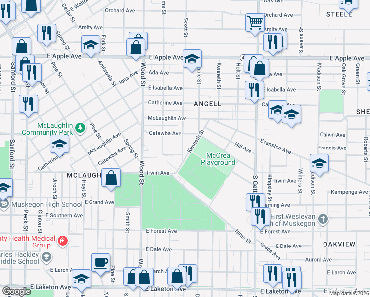 map of restaurants, bars, coffee shops, grocery stores, and more near 1312 Chestnut Street in Muskegon