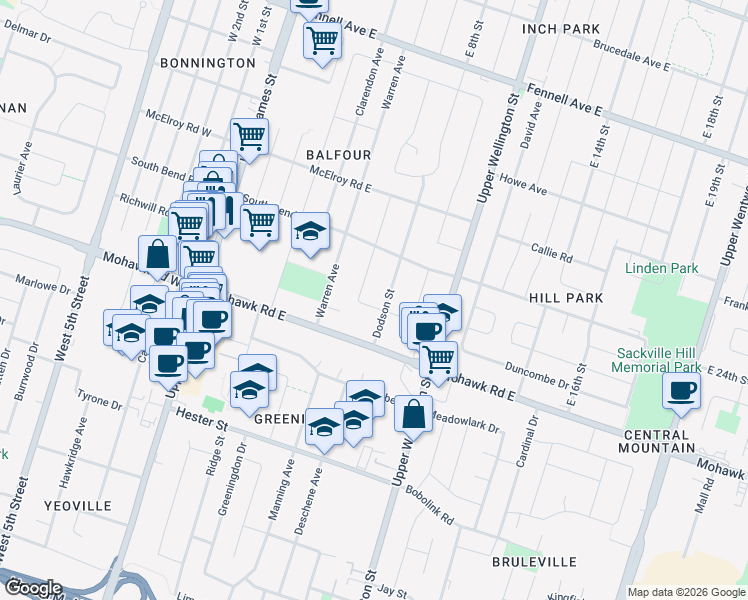 map of restaurants, bars, coffee shops, grocery stores, and more near 125 Norrie Avenue in Hamilton