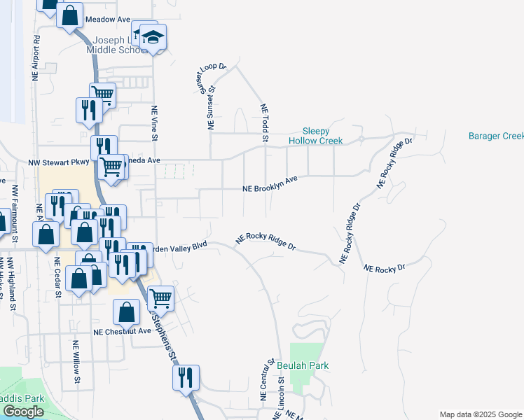 map of restaurants, bars, coffee shops, grocery stores, and more near 1534 Northeast Todd Street in Roseburg