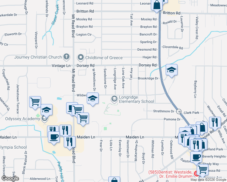 map of restaurants, bars, coffee shops, grocery stores, and more near 228 Longridge Avenue in Rochester