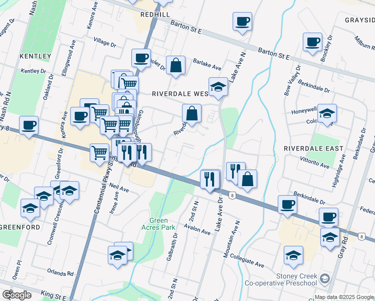 map of restaurants, bars, coffee shops, grocery stores, and more near 75 Glenburn Court in Hamilton