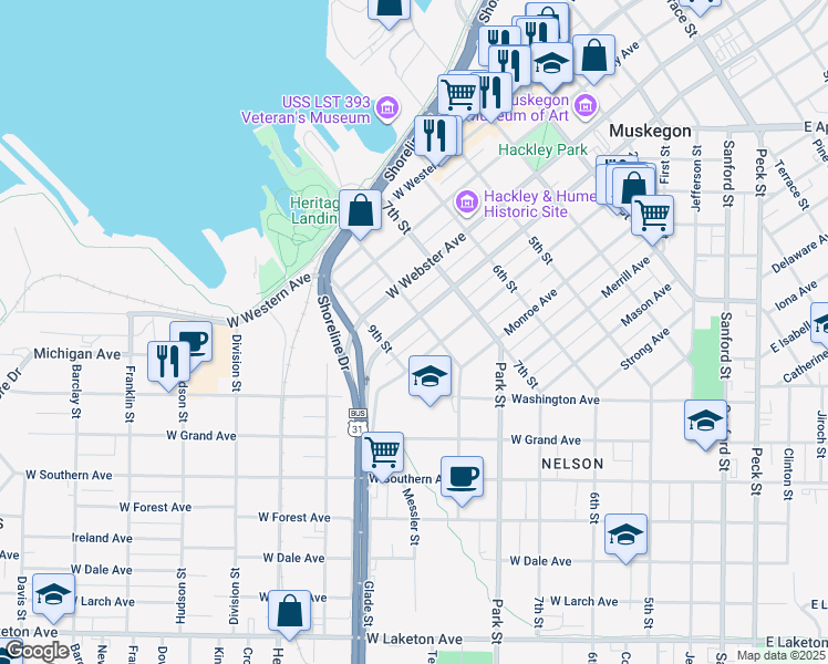 map of restaurants, bars, coffee shops, grocery stores, and more near 589 West Muskegon Avenue in Muskegon