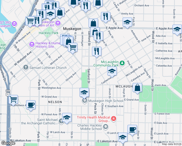map of restaurants, bars, coffee shops, grocery stores, and more near 1312 Sanford Street in Muskegon