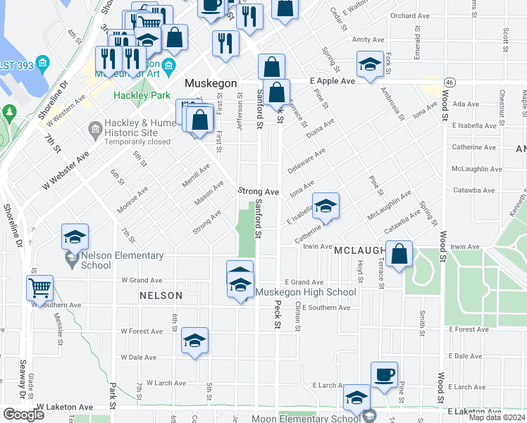map of restaurants, bars, coffee shops, grocery stores, and more near 1316 Sanford Street in Muskegon